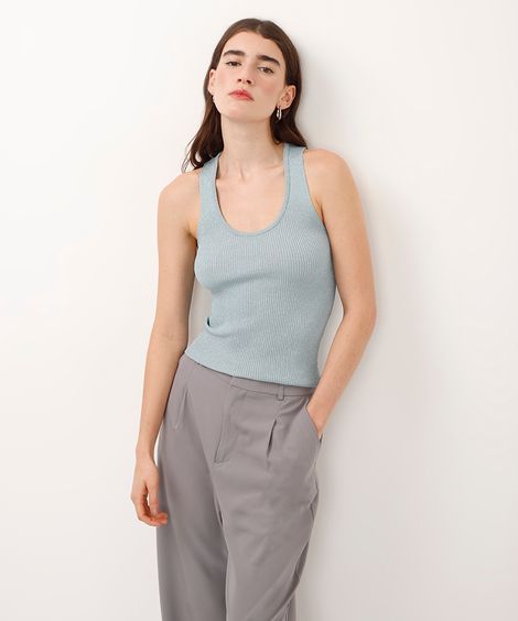 regata de tricot canelada com lurex azul