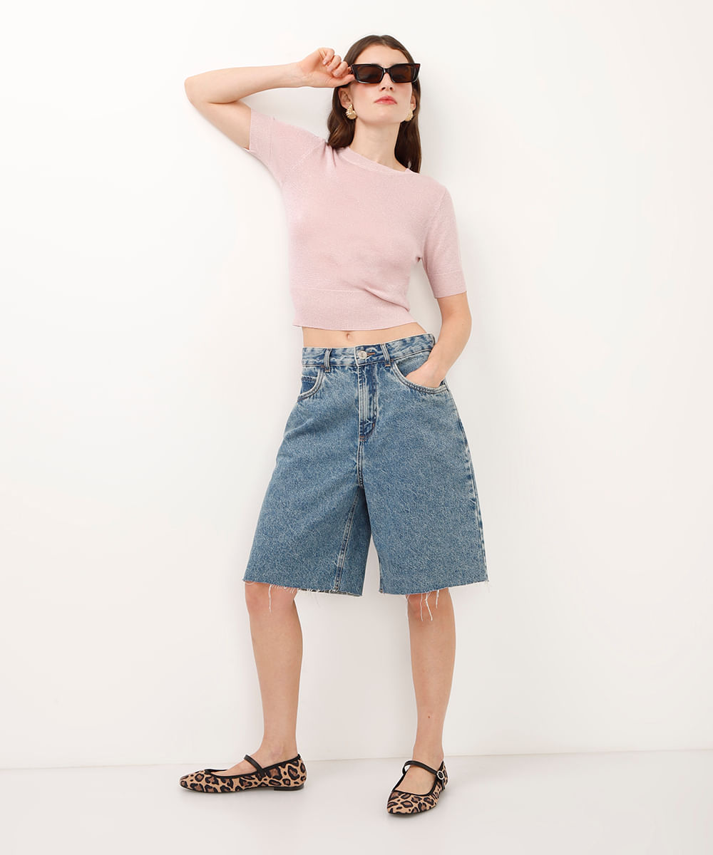cropped de tricot com lurex rosa