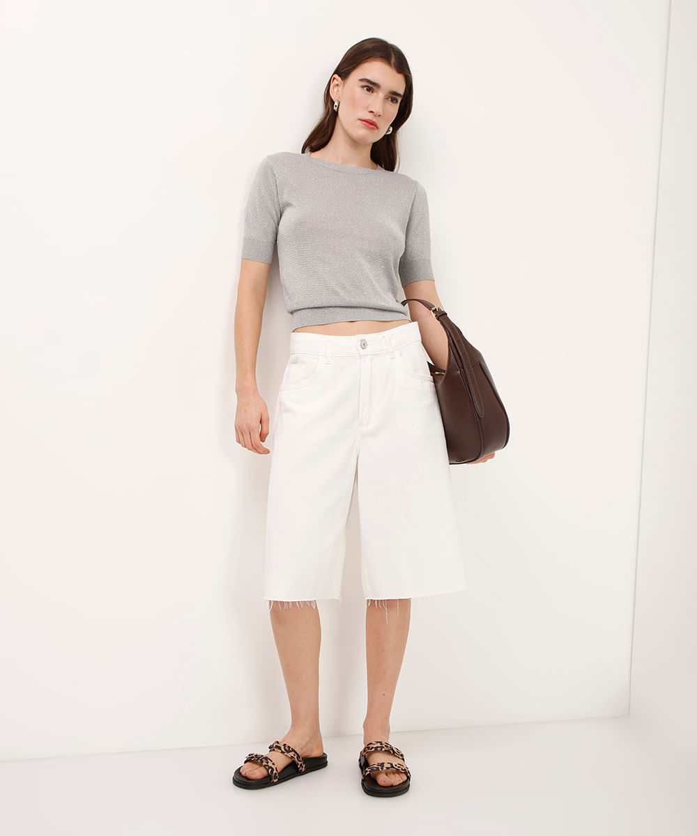 cropped de tricot com lurex prateado