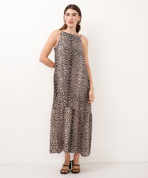 vestido midi de viscose animal print bege