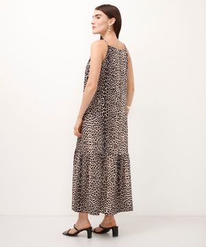 vestido midi de viscose animal print bege