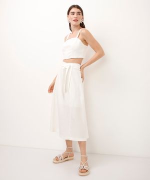 saia midi evasê com linho off white