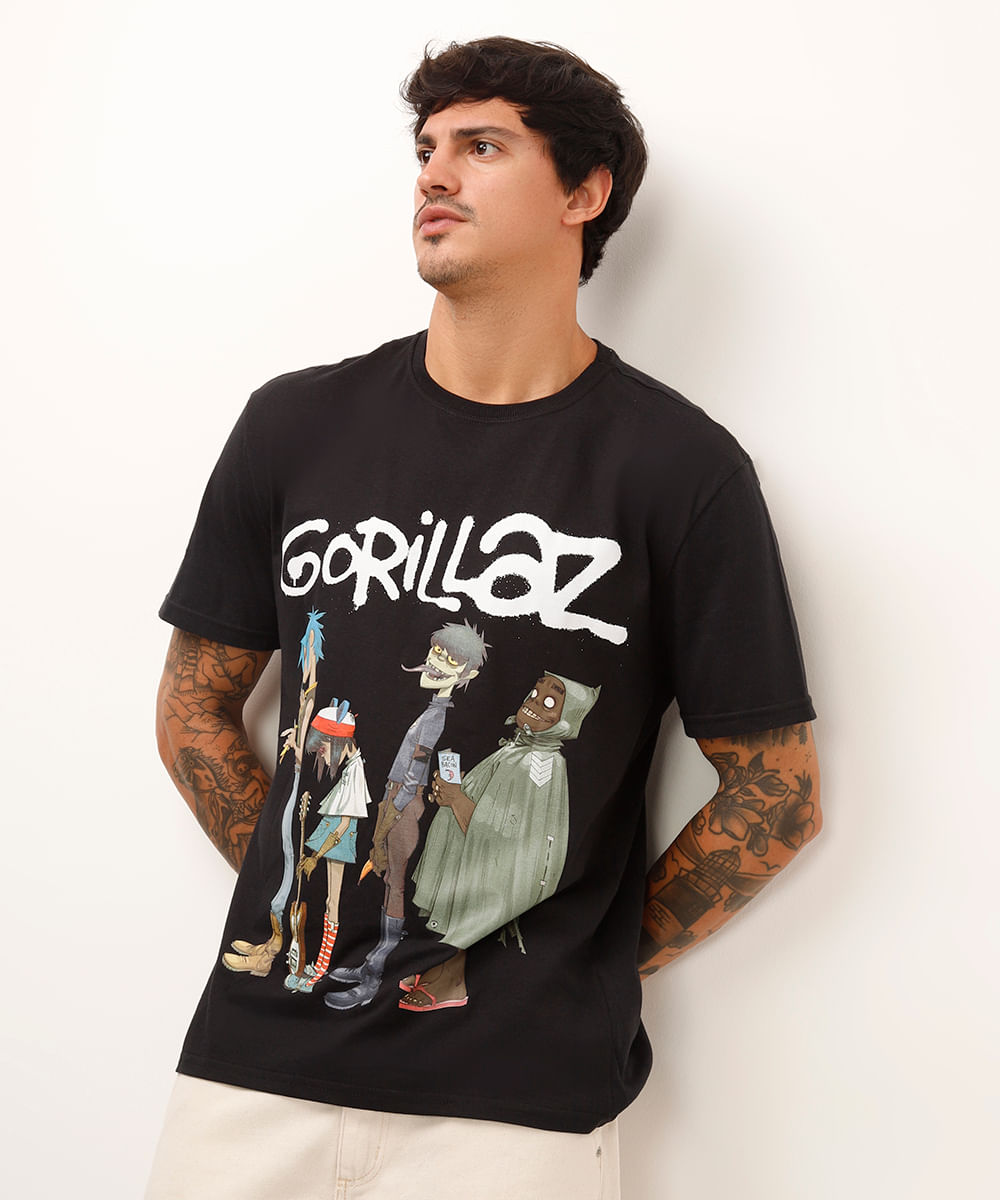 camiseta de algodão gorillaz preta