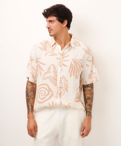 camisa de linho manga curta solar bege