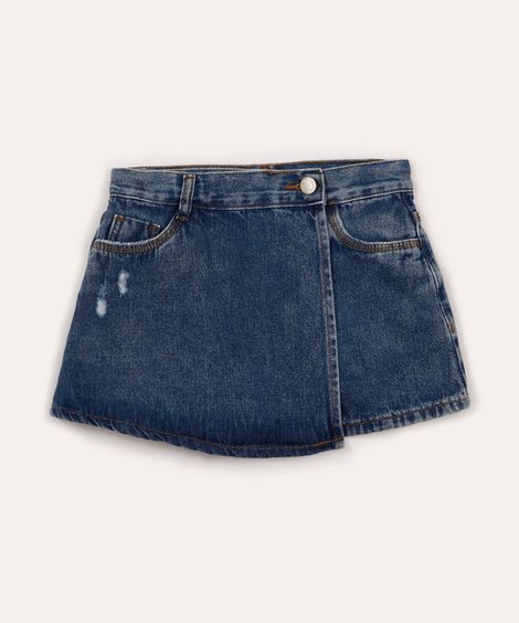 short saia jeans juvenil transpassado azul