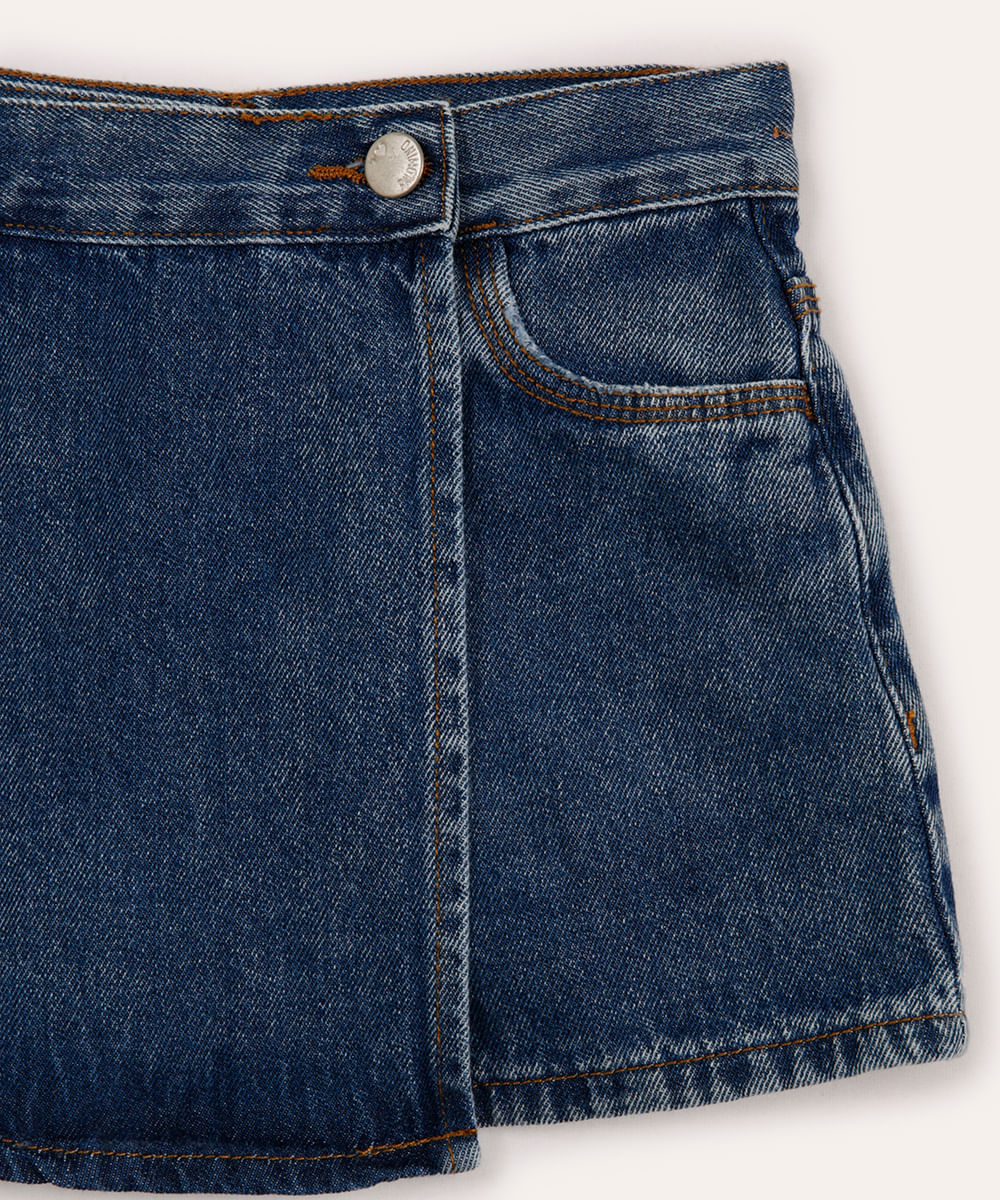 short saia jeans juvenil transpassado azul