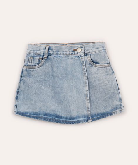 short saia jeans juvenil transpassado azul