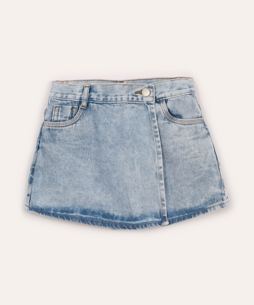 short saia jeans juvenil transpassado azul