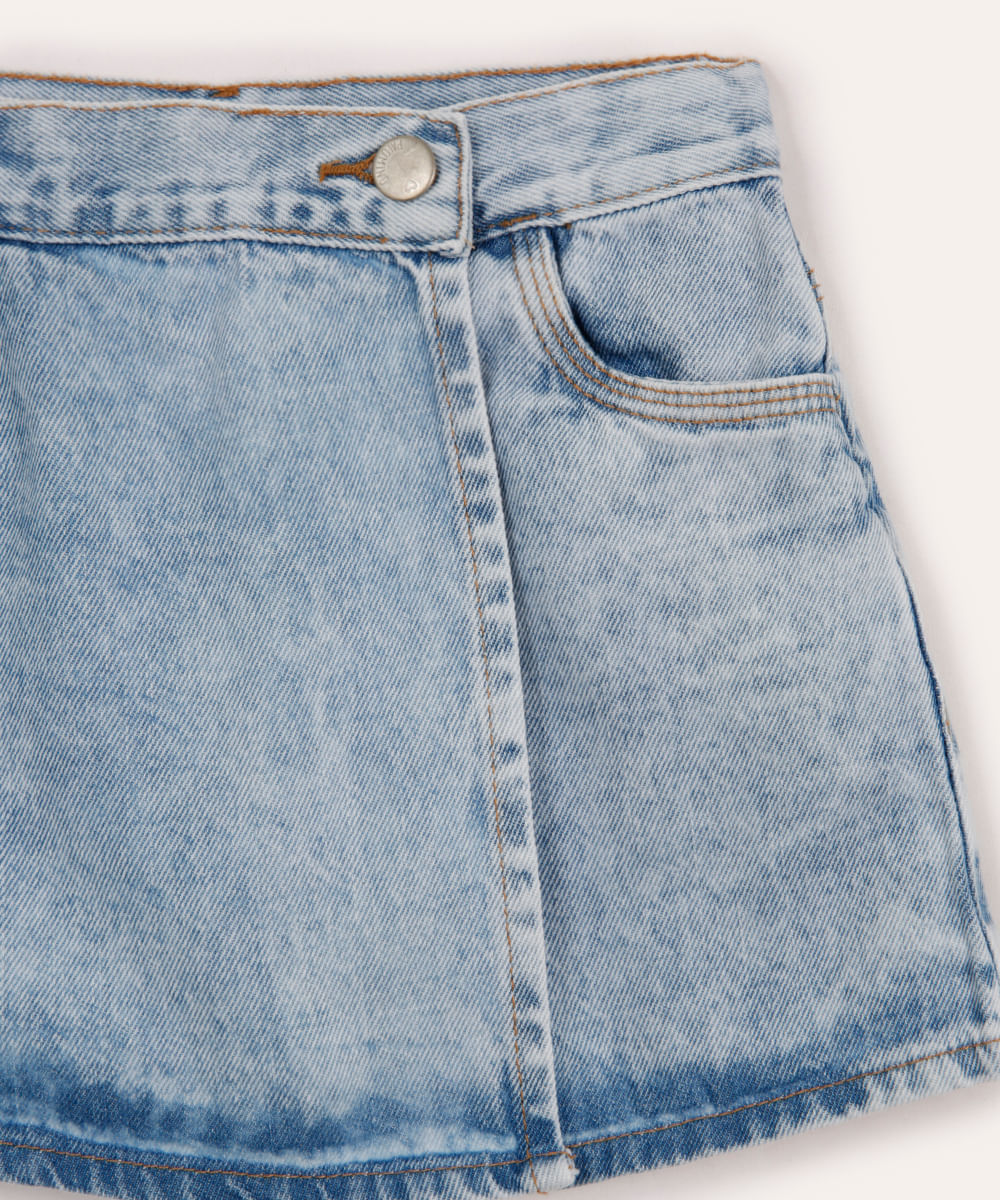 short saia jeans juvenil transpassado azul