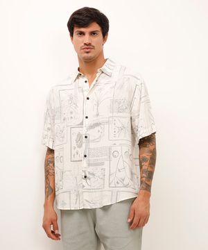 camisa de viscose folhagem manga curta off white