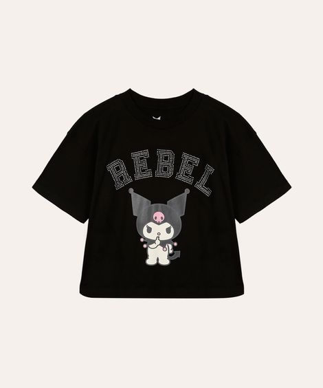 camiseta de algodão infantil kuromi com brilhos preta