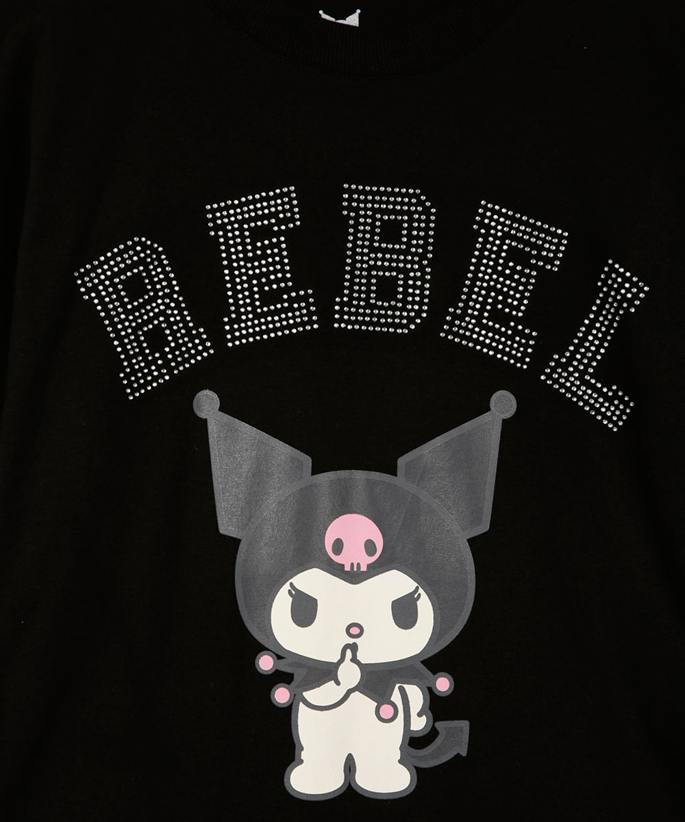 camiseta de algodão infantil kuromi com brilhos preta