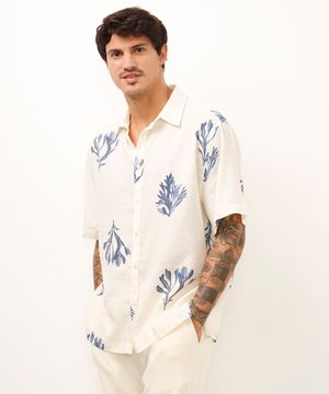 camisa relaxed com linho folhagem off white