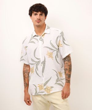 camisa comfort com linho floral off white