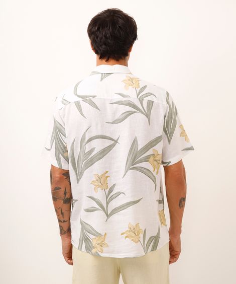 camisa comfort com linho floral off white