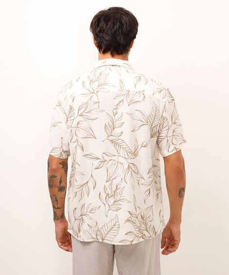 camisa comfort com linho folhagens off white