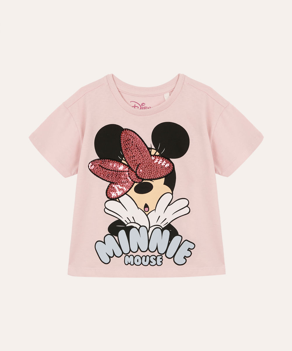 blusa infantil de algodão minnie laço paetê rosa