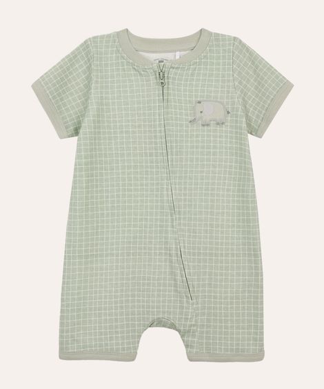 macacão curto infantil geométrico elefante bordado verde