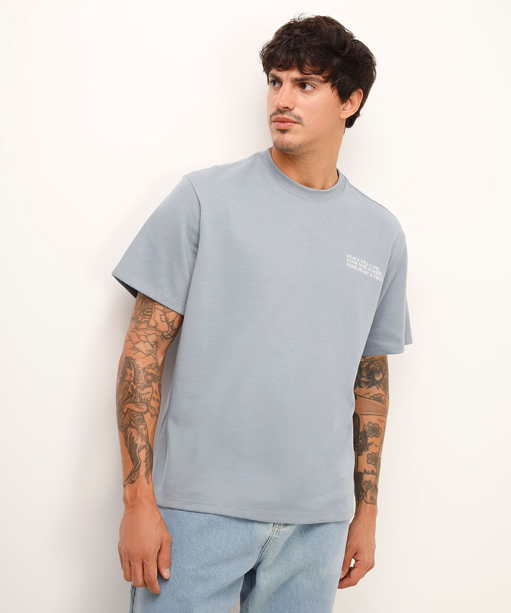 camiseta de algodão manga curta estampada azul