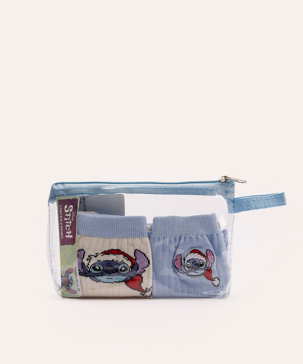 kit de 2 meias stitch natalino com necessaire colorida