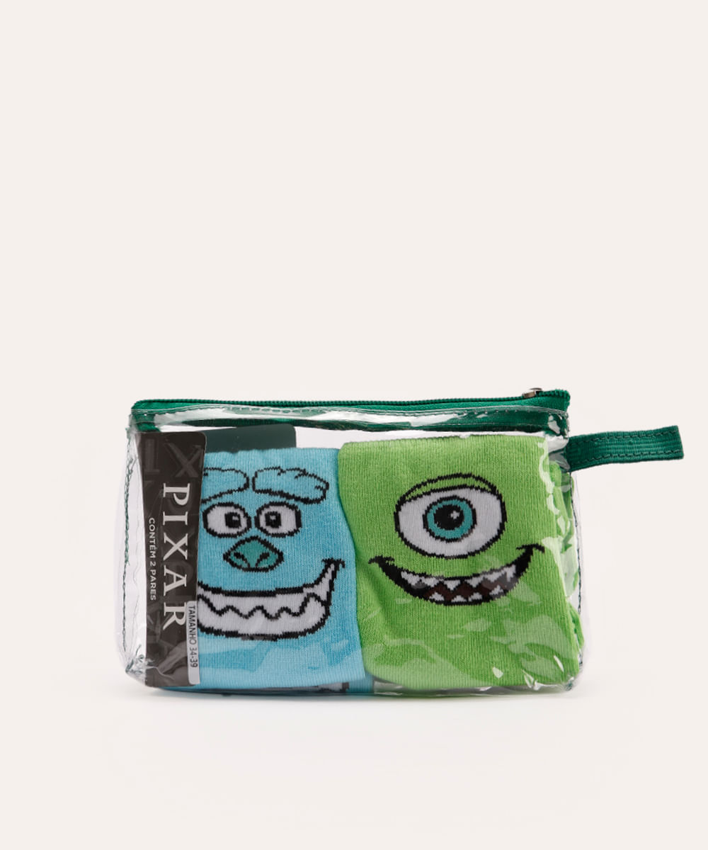 kit de 2 meias monstros sa com necessaire colorida