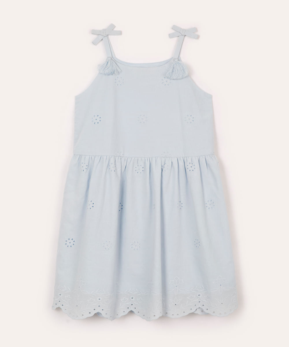 vestido de algodão infantil com bordado floral azul