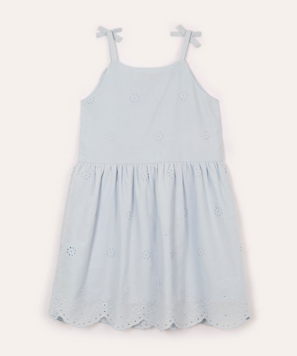 vestido de algodão infantil com bordado floral azul