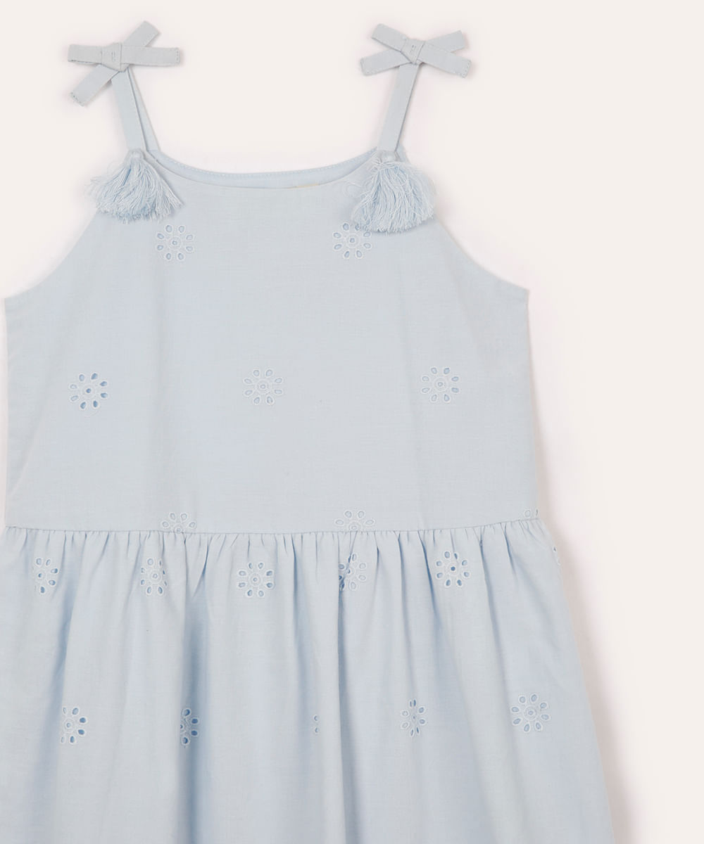 vestido de algodão infantil com bordado floral azul