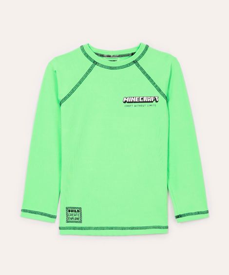 camiseta infantil manga longa proteção uv minecraft verde