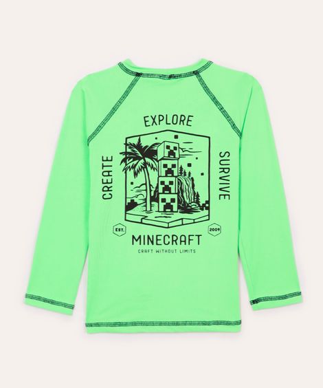 camiseta infantil manga longa proteção uv minecraft verde