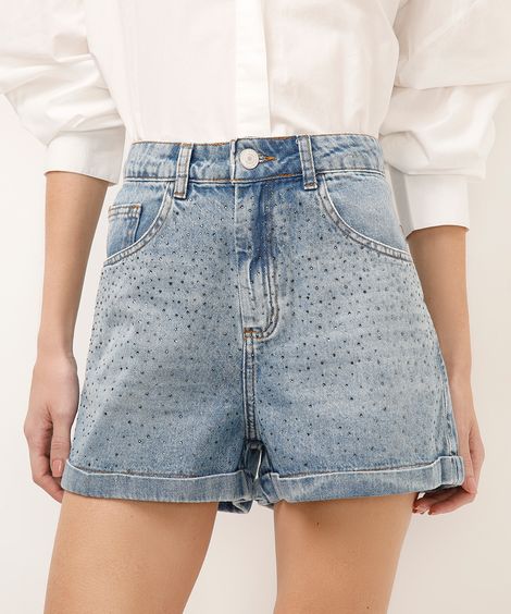 short mom jeans com brilhos azul