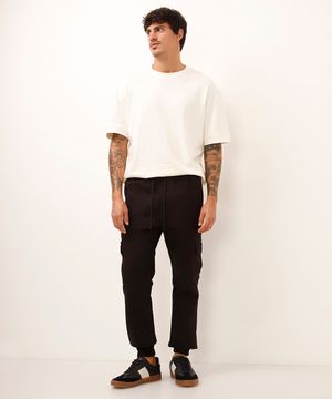 calça jogger cargo de sarja com cordão preta - preto