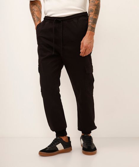 calça jogger cargo de sarja com cordão preta - preto