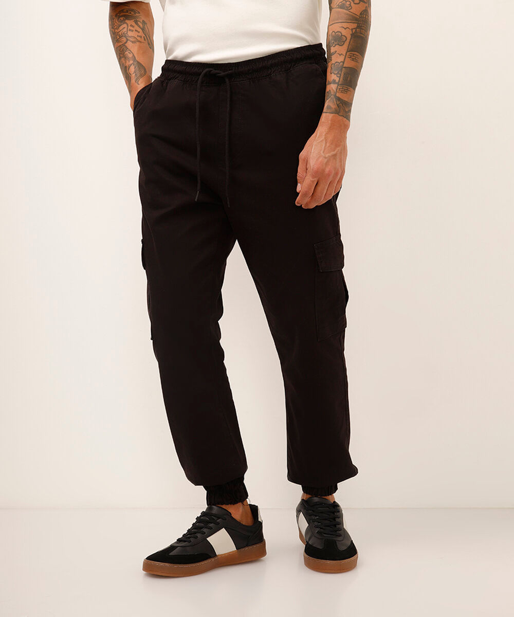 calça jogger cargo de sarja com cordão preta - preto