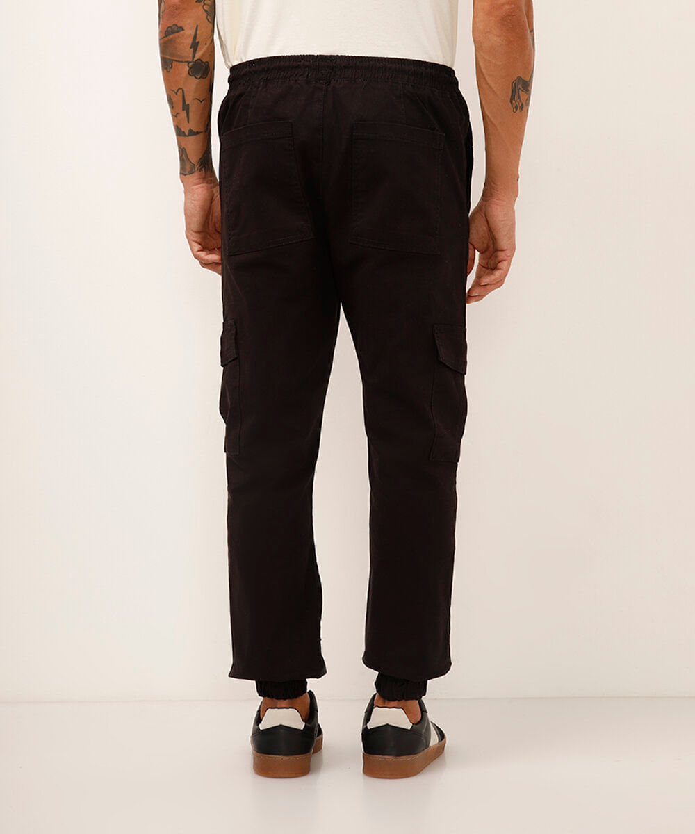 calça jogger cargo de sarja com cordão preta - preto
