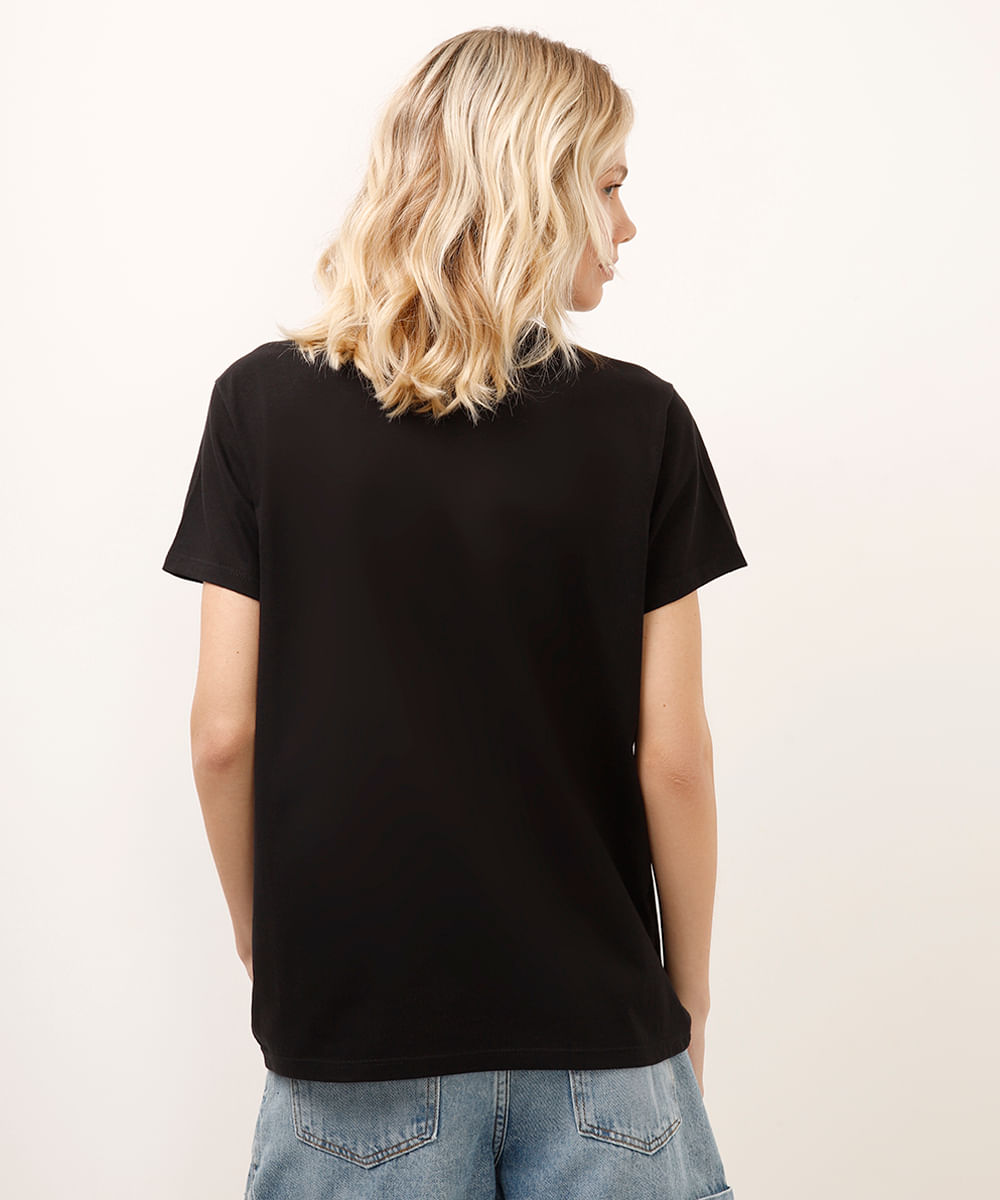 camiseta de algodão manga curta estampada preta