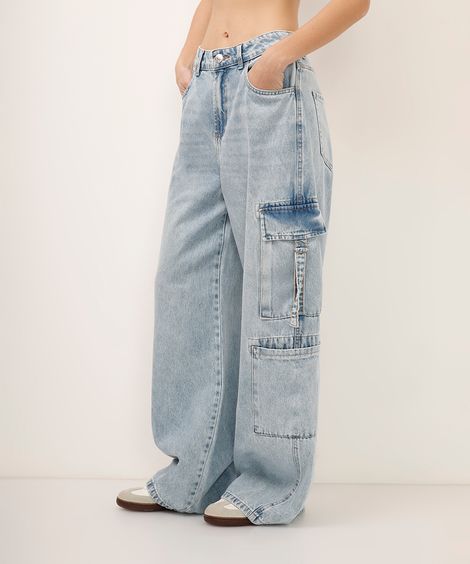 calça jeans cargo cintura média azul