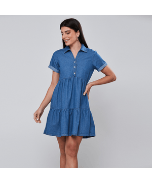 Vestido Jeans Chemise Camadas Franzido Miss Joy 8055 Feminino Azul