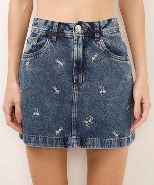 saia curta jeans com bordado floral azul