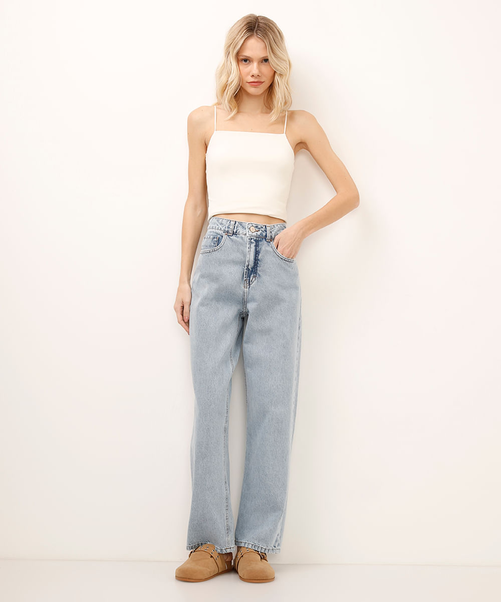 calça mom jeans cintura alta azul