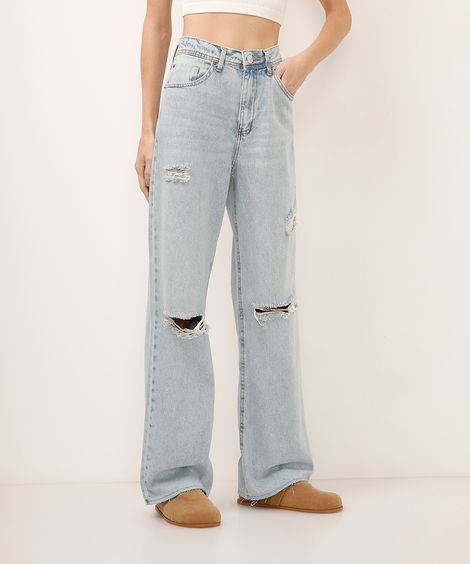 calça wide leg destroyed cintura alta azul