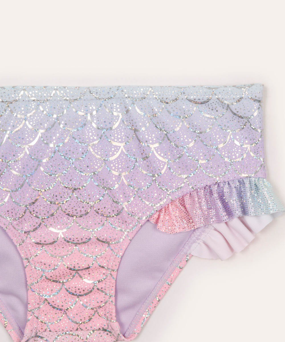 biquíni infantil sereia com babado holográfico lilás