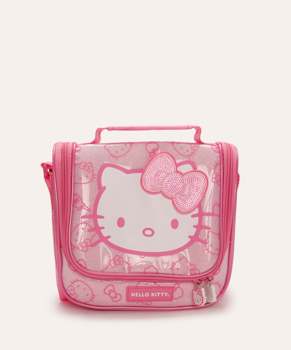 lancheira térmica infantil hello kitty com glitter rosa