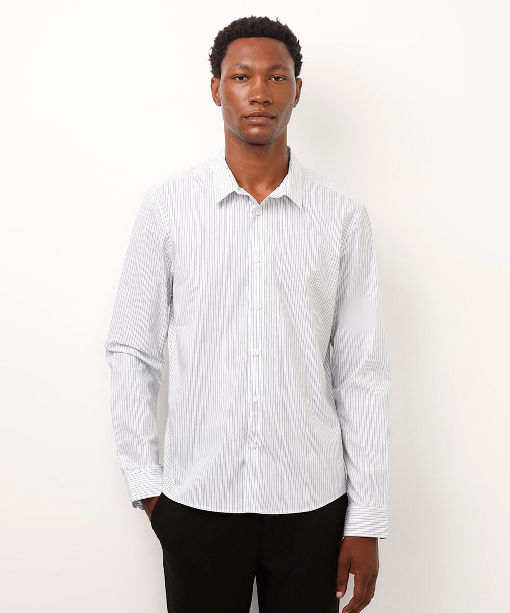 camisa slim de algodão manga longa listrada branca