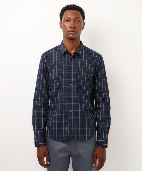 camisa slim de algodão manga longa quadriculada azul