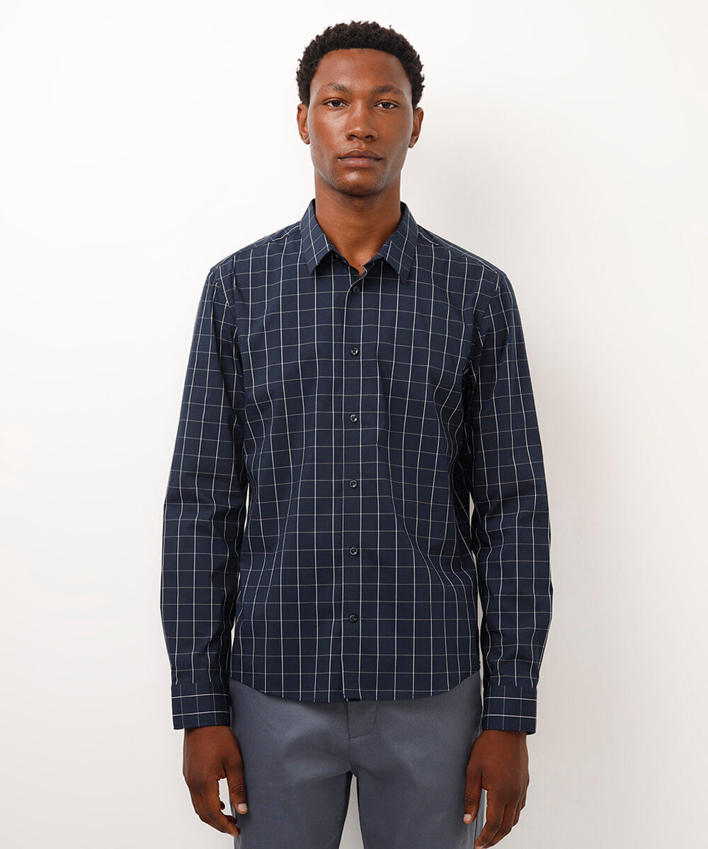camisa slim de algodão manga longa quadriculada azul