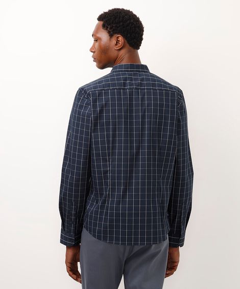 camisa slim de algodão manga longa quadriculada azul