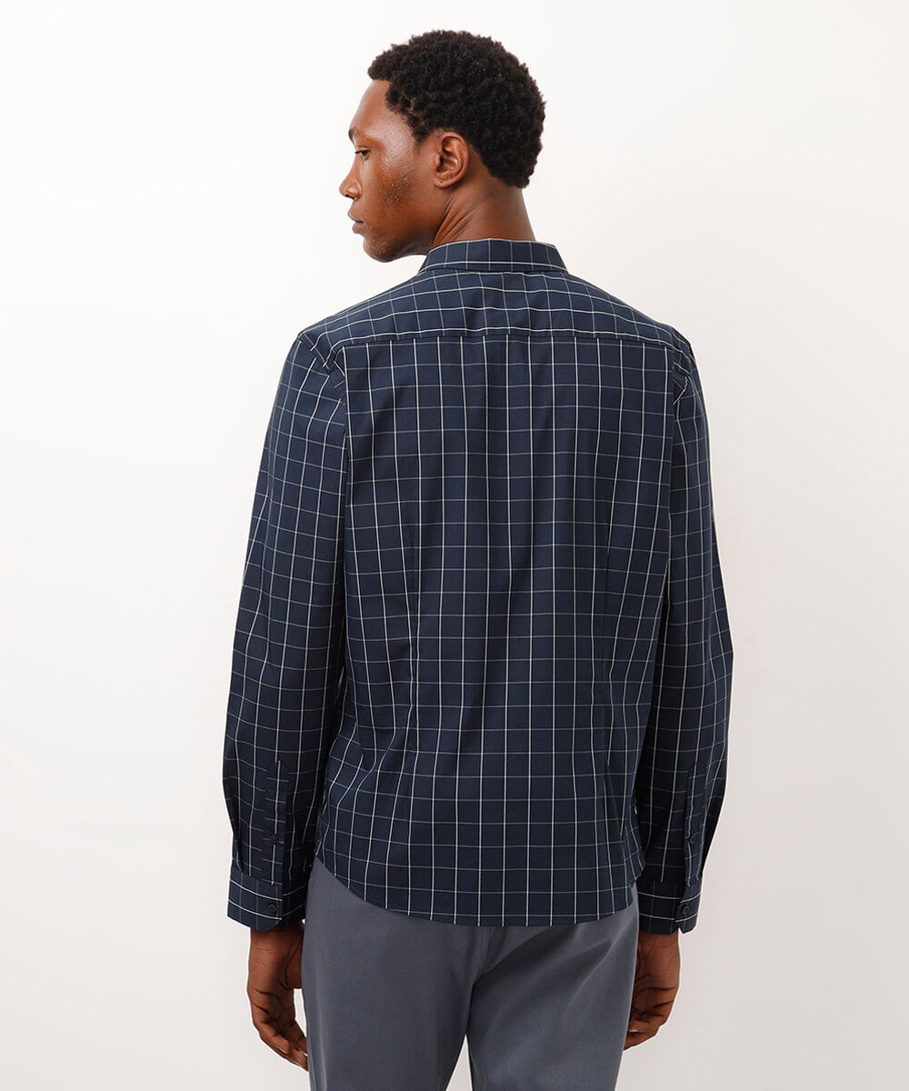 camisa slim de algodão manga longa quadriculada azul