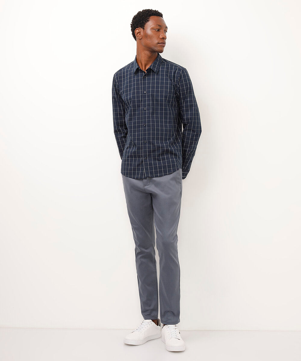 camisa slim de algodão manga longa quadriculada azul