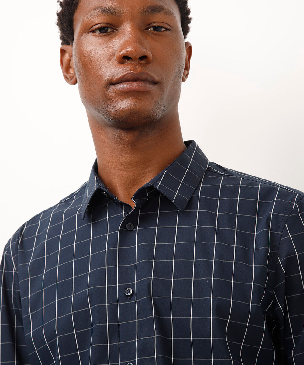 camisa slim de algodão manga longa quadriculada azul